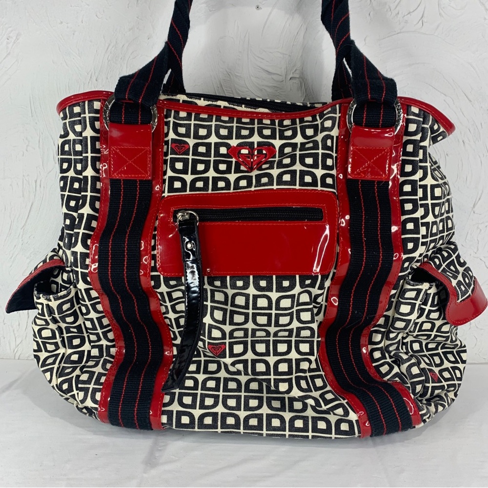ROXY “Going Places” Tote Bag 14 x 12.5 x 6 Overnight Beach Bag Black White Red